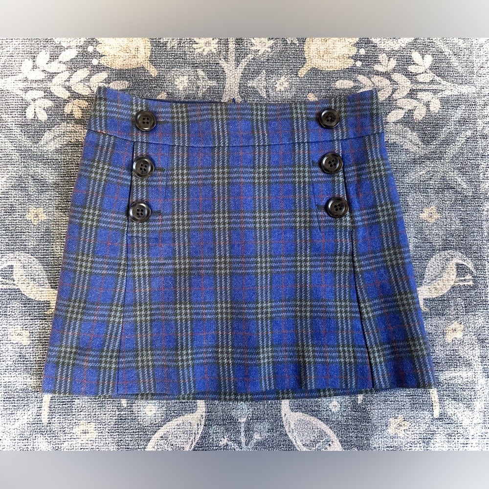 GAP Wool Blend Blue Plaid Mini Skirt with Double Breasted Buttons